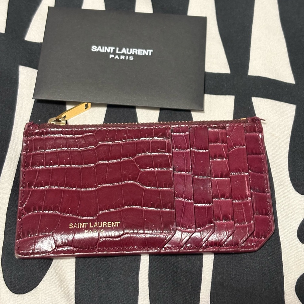 Saint Laurent Burgundy Croc-Embossed Leather Card Holder